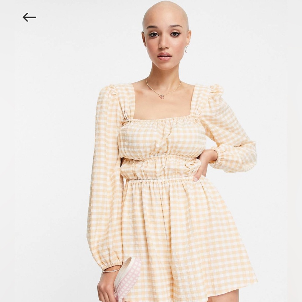 Gingham long sleeve romper open back